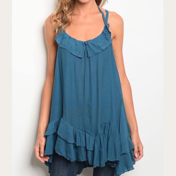 Gypsi’s Closet Tops - Boho teal asymmetrical ruffle tunic tank top